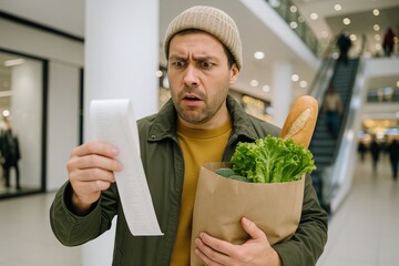 Surprised man looking at long grocery receipt while holding paper bag with vegetables and bread in modern mall interior with escalator in background. Ai generative