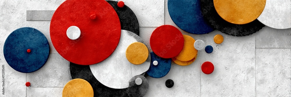 Poster vibrant abstract art composition with circles and semi-circles in bold colors and textured elements