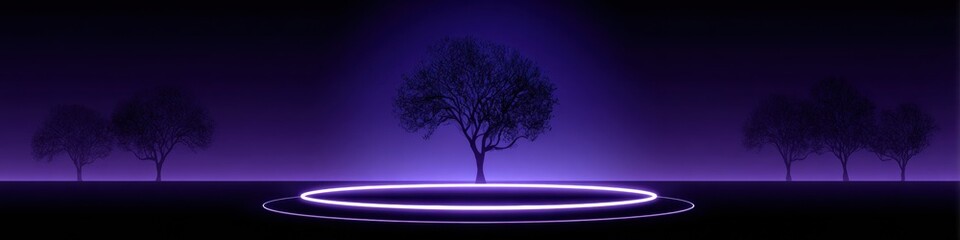 Abstract purple business background with glowing neon circles and luminous frames featuring minimalist fantasy elements and tree silhouettes for creative commercial poster template design.