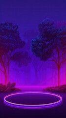 Abstract purple business background with glowing neon circles and luminous frames featuring minimalist fantasy elements and tree silhouettes for creative commercial poster template design.
