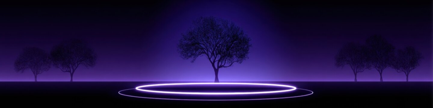 Abstract purple business background with glowing neon circles and luminous frames featuring minimalist fantasy elements and tree silhouettes for creative commercial poster template design.