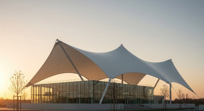 Modern tensile fabric structure with glass facade illuminated by warm sunset light