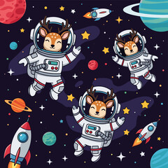 Happy deer astronauts float among planets and stars in a whimsical space adventure