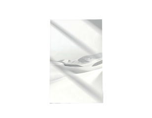 A minimalist depiction of gently sloping sand dunes under a pale sky, presented as a print or poster with subtle lighting effects suggesting folds in the paper or fabric