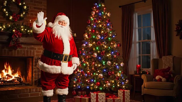 Jovial santa claus waving hello in a warm festive christmas living room adorned with a sparkling tree and fireplace
