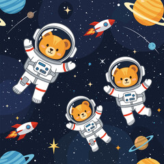 Cute cartoon astronaut bears float happily in space with rockets stars and planets Fun adventure