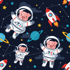 Cheerful cartoon pig astronauts explore outer space with rockets planets and stars Kids adventure