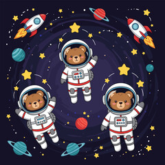 Three cute astronaut bears float among stars rockets and planets in deep space Kids adventure