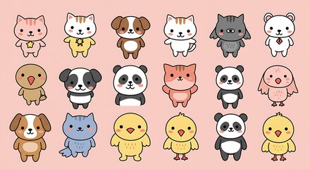 Cute Animal Character Collection on Light Pink Background