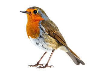 Fototapeta premium Small songbird, predominantly brown and olive above, vibrant orange breast, pale underparts, slender legs and beak, perched in profile against black background