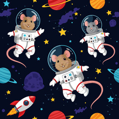 Happy astronaut mice float in vibrant space with planets and stars Fun cosmic adventure pattern