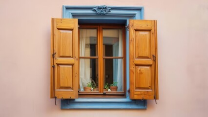 Obraz premium Charming wooden shutters open on a pastel wall revealing a quaint window with potted plants and sheer curtains
