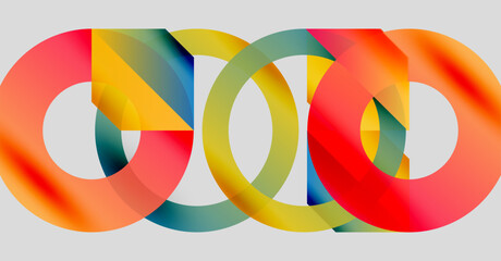 Colorful overlapping circles create abstract design. Gradient hues blend, forming dynamic visual composition. Modern, vibrant, artistic.