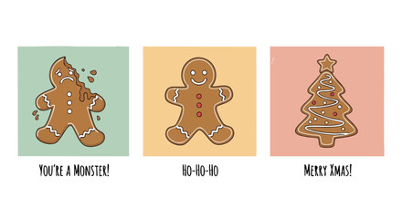 Whimsical gingerbread man trio captures holiday spirit with funny and festive Christmas greetings