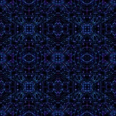Intricate geometric pattern featuring vibrant blue and purple circuitry on a dark background