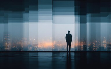 Fototapeta premium Observant ceo standing in front of a cityscape looking out the window with modern tones