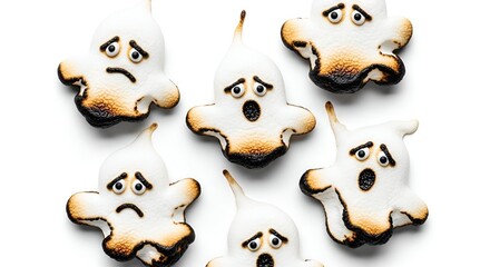 Spooky yet Sweet Marshmallow Ghosts Whimsical Halloween Treats with Toasted Edges and Expressive Faces on a Clean White Background, Perfect for Seasonal Celebrations and Confectionery Delights