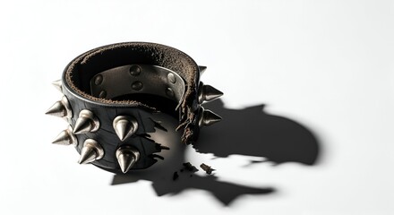 Bold black leather wristband adorned with gleaming metal spikes, casting a dramatic shadow against a stark white background, symbolizing rebellious style and a strong alternative fashion statement