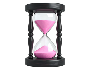 A dark wood hourglass with pink sand, showcasing a classic timekeeping device; the sand is partially in the lower bulb
