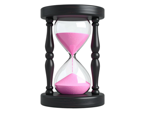 A dark wood hourglass with pink sand, showcasing a classic timekeeping device; the sand is partially in the lower bulb