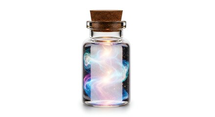 A magical nebula captured in a glass bottle with a cork stopper, symbolizing the cosmos and wonder