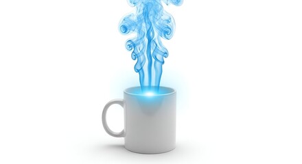 Steaming Hot Beverage in a White Mug with Blue Wisps of Smoke, Representing Warmth and Comfort