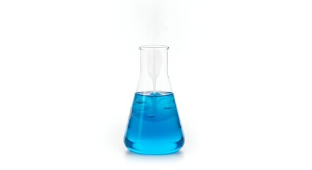 Blue liquid in a scientific glass flask undergoing a chemical reaction, producing white vapor on an isolated background for research