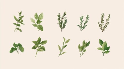 Collection of fresh culinary herb illustrations on neutral background for kitchen decor