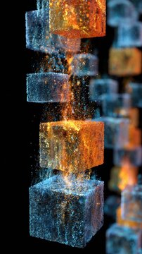 Abstract dark space background with orange and red laser beams shooting from left to right creating geometric square patterns with floating dust particles and cinematic visual effects for dramatic cor