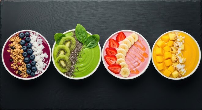 Four colorful smoothie bowls topped with fresh fruits and granola