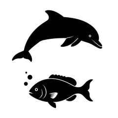 Obraz premium Silhouette Dolphin and Fish Underwater Vector Illustration