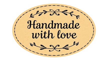 Oval kraft paper label with decorative vine border and text Handmade with Love, rustic craft design isolated on white.