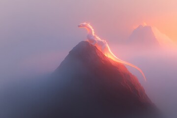 Fototapeta premium Mystical wyvern perched on jagged mountain at sunrise amidst misty peaks