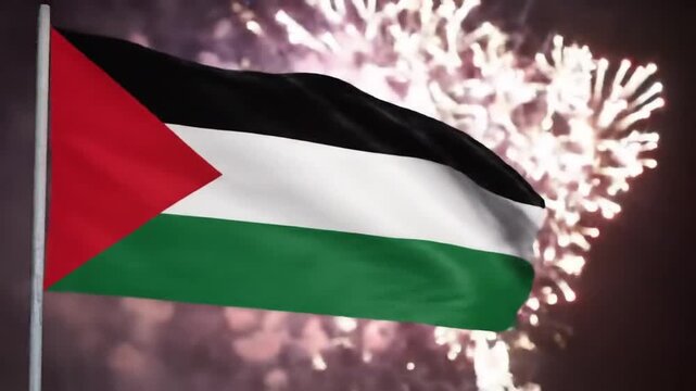 Palestinian flag proudly waves against a dynamic backdrop of vibrant, illuminating fireworks, symbolizing national celebration and moments of significant pride and unity