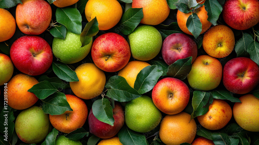 Poster fresh apples in various colors and sizes, surrounded by green leaves, create vibrant and inviting di