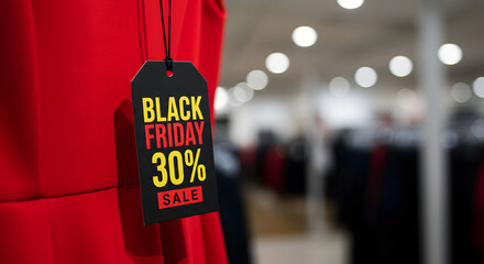 Black Friday sale tag showing 30% off on red dress in store  