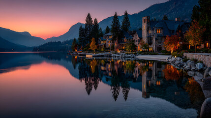 Obraz premium Serene Lakeside Village at Sunrise