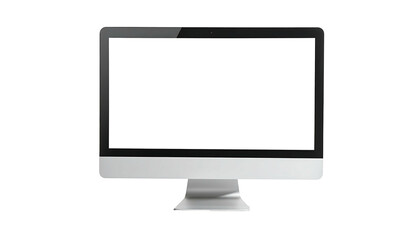 Sleek, silver all-in-one desktop computer with a blank white screen, shown at a slight angle against a black background