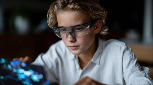 A young boy with glasses is analyzing holographic-like visuals, showcasing creativity, insight, and innovation while engaged in a technology project in a contemporary setting. - Powered by Adobe