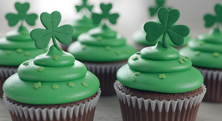 Green cupcakes decorated with shamrock shapes for St. Patrick's Day  
