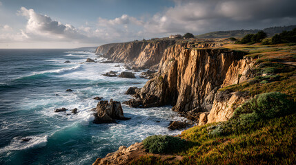 Obraz premium Rocky Cliff Edge Overlooking Expansive Ocean Under Pale Sky