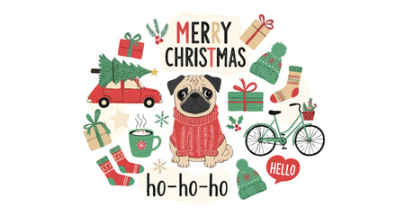 Adorable pug in cozy sweater surrounded by festive Christmas elements like gifts, a tree on a car, and hot cocoa, perfect for holiday cheer!