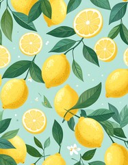 Fresh lemon pattern with leaves and flowers