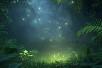 Obraz premium Serene jungle clearing with glowing fireflies at twilight