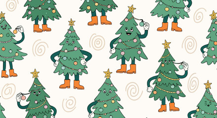 Joyful cartoon Christmas trees adorning festive ornaments creating a playful holiday pattern for seasonal celebrations