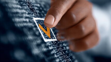 Digital Age Validation Hand Taps Lit Check Mark on Virtual Screen, Navigating Interactive Blue Code