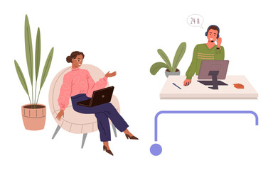 A woman working on a laptop in a chair interacts with a support agent at a desk with a computer. Ideal for teamwork, customer support, remote work, communication, business help, productivity, simple