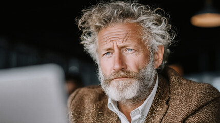 Thoughtful mature man with stylish gray hair and beard contemplating deeply in a modern workspace setting