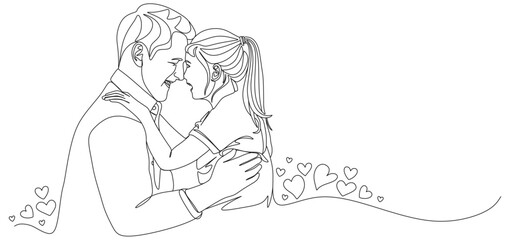 One line art illustration of a father embracing his daughter with love and joy. They smile face to face, symbolizing warmth, care, and strong family connection