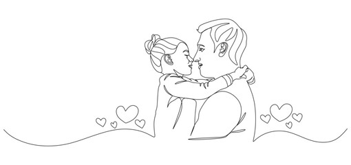 One line art illustration of a father lovingly holding his daughter. The child hugs her dad with their faces close together, showing affection and bonding. Heart shapes decorate around them